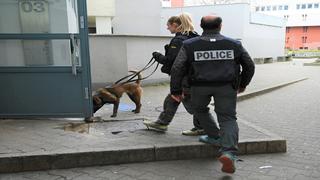 Police nationale avec chien anti-stup dans quartier